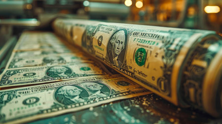 Dollar banknotes on the conveyor belt in a factory.の素材