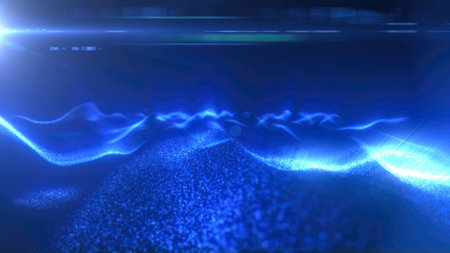 Blue energy magic digital futuristic waves with light rays lines and energy particles. Abstract...