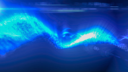 Blue energy magic digital futuristic waves with light rays lines and energy particles. Abstract...