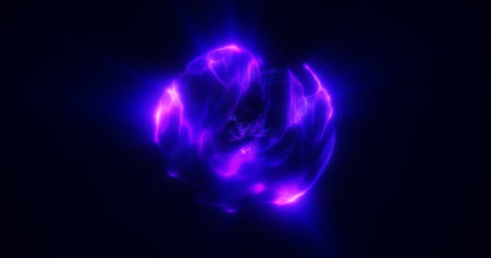 Spinning purple energy sphere digital atom hi-tech ball futuristic magic circle glowing bright force field abstract background.の写真素材