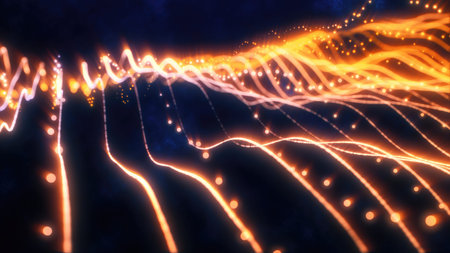 Yellow energy glowing magic stripes waves lines high technology digital with light beams from energy...
