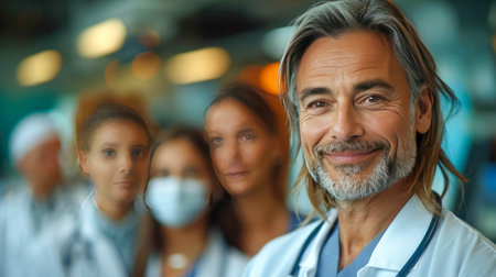 Portrait of confident senior doctor in medical mask looking at camera with colleagues in background.の素材