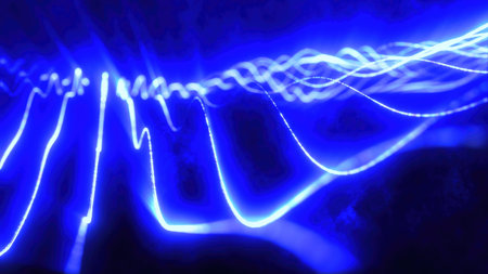 Blue energy glowing magic stripes waves lines high technology digital with light beams from energy...