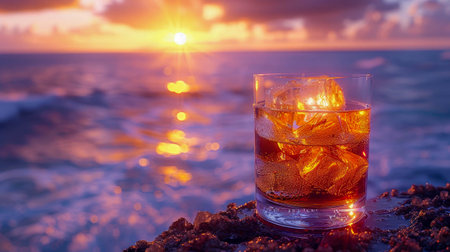 Delicious refreshing alcoholic drink whiskey cocktail with ice on a counter in a bar.の素材