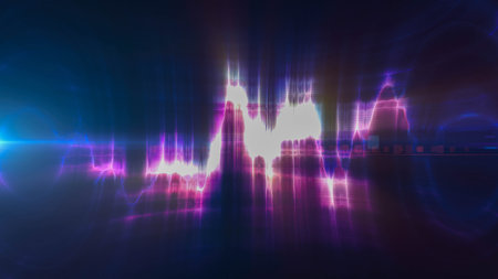 Purple energy glowing magical musical dancing equalizer made from waves and electric charges lightning high-tech digital lines and energy particles. Abstract background.の写真素材