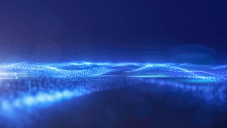 Blue energy glowing magic waves high tech digital iridescent with light rays lines and bokeh energy particles. Abstract background.の写真素材