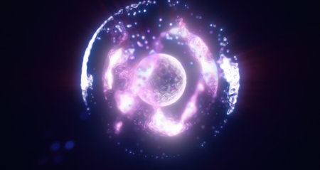 Purple energy magic circle, sphere, ball made of futuristic waves and lines of particles of atomic energy and electricity force field. Abstract background.の写真素材