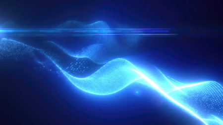 Blue energy futuristic waves with light rays and energy particles. Abstract background.