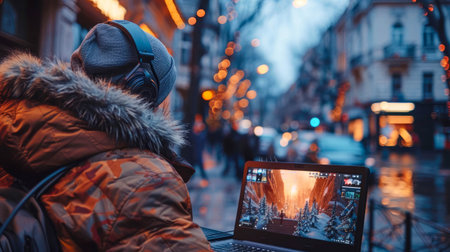 A girl in a winter jacket and a hat sits on the street and looks at the screen of a laptop.の素材