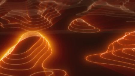 Yellow orange looped futuristic hi-tech landscape with mountains and canyons from glowing energy circles and magic lines. Abstract background.の写真素材