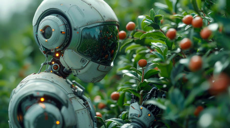 humanoid robot working in the greenhouse with seedlings.の素材