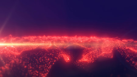 Red energy glowing magic waves high tech digital iridescent with light rays lines and bokeh energy particles. Abstract background.の写真素材