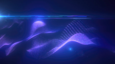 Blue energy futuristic waves with light rays and energy particles. Abstract background.