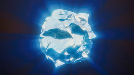 Blue energy magic sphere round high-tech digital iridescent morphing ball of liquid metal with light rays lines and energy particles. Abstract background.の写真素材