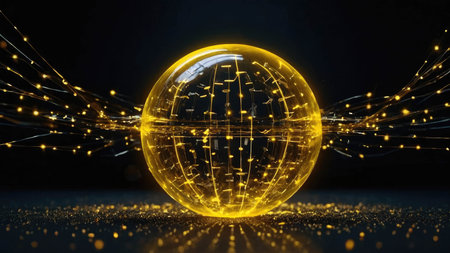 Abstract yellow background with golden wireframe round sphere with particles, space for text.の素材
