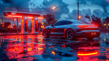 Charging an electric car in the rain. Close-up.の素材