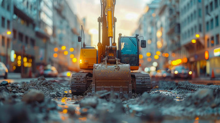 Excavator at work on a construction site. Backhoe digs a trench for laying sewer pipes.の素材