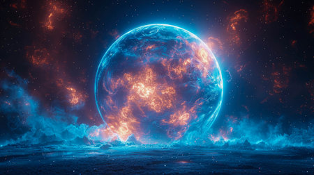 Abstract blue glowing energy magic bright high tech sphere ball circle in fire and smoke background.の素材