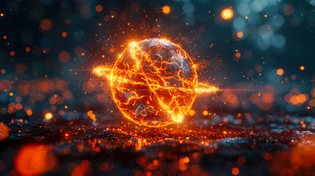 Abstract yellow background with golden wireframe round sphere with particles, space for text.の素材