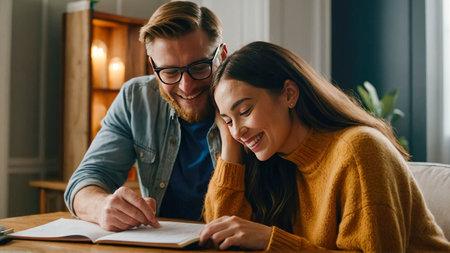 Man and woman couple smiling confident reading document at home.の素材