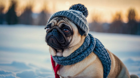 Cute dog pug with knitted hat and scarf on the background winter and snow.の素材