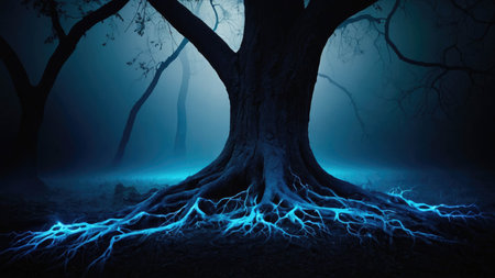 Blue energy roots imbued with energy, abstract background illustration of a tree in the dark.の素材