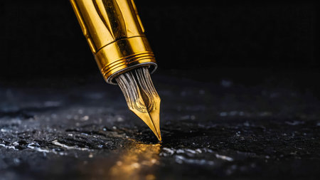 Close up of golden fountain pen tip on dark background.の素材