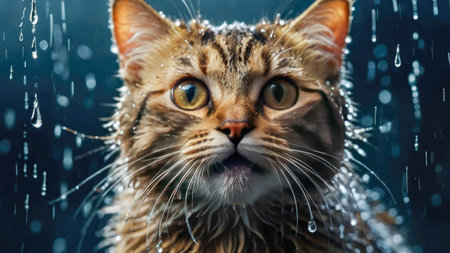 A close-up of a cat with water droplets falling on it.の素材