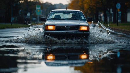 Car driving through a flooded street during a flood caused by heavy rain.の素材