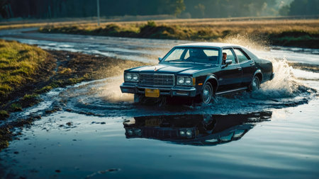 Car driving through a flooded street during a flood caused by heavy rain.の素材