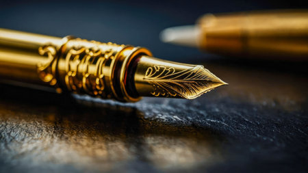 Close up of golden fountain pen tip on dark background.の素材