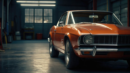 Old retro car in the garage of a car repair shop. Selective focus.の素材