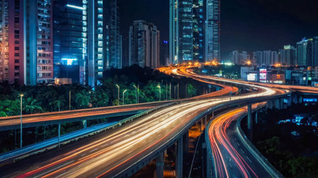 Aerial view of Road Traffic jam on multiple lane highway with speed light trail from car background, Expressway road junction in metropolis city center at night.の素材