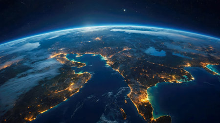 Night Earth. City lights on planet. Civilization.の素材