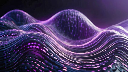 An abstract purple wave background with glowing particles and lines. Futuristic waves.の素材