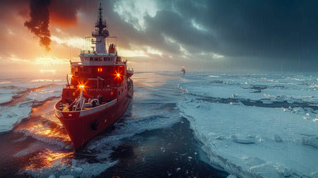 Cargo ship on ice floe in the winter ocean or sea.の素材