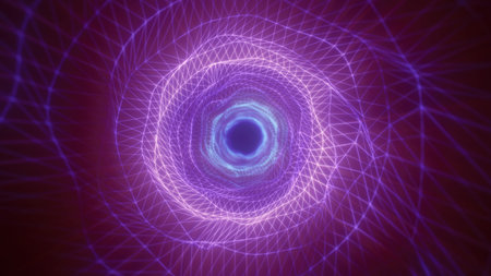 Abstract bright purple glowing background with a tunnel of lines and stripes of energy of burning...