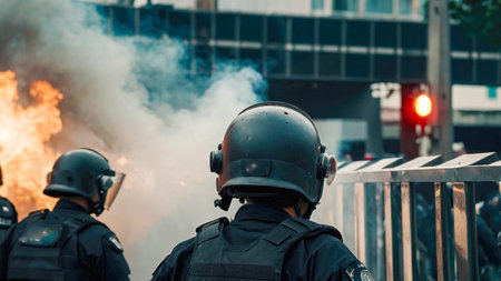 Back turned view team riot police managing a fierce demonstration.の素材