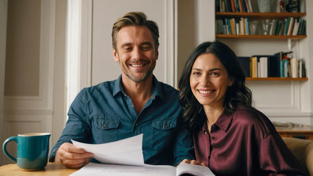 Man and woman couple smiling confident reading document at home.の素材
