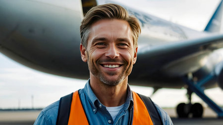 Portrait of a smiling male pilot standing in front of an airplane.の素材