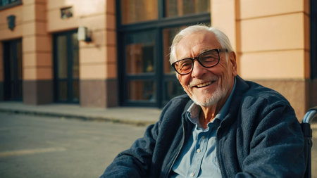 Portrait of a smiling senior man sitting in a wheelchair on the street.の素材