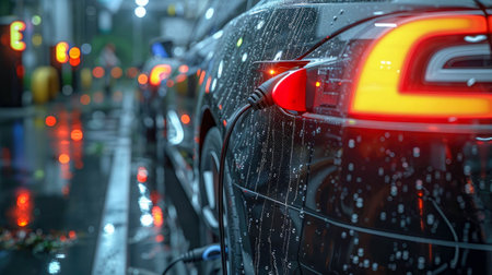Charging an electric car in the rain. Close-up.の素材