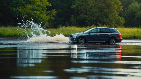 Car driving through a flooded street during a flood caused by heavy rain.の素材