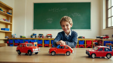 Portrait of happy children playing with toy cars in classroom at school.の素材