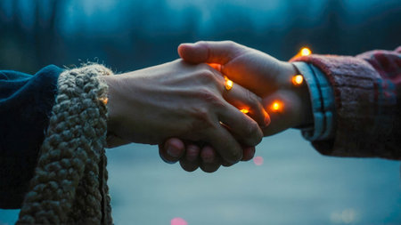 two people holding hands facing each other with lights.の素材