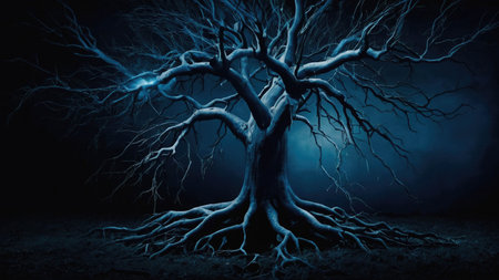 Blue energy roots imbued with energy, abstract background illustration of a tree in the dark.の素材
