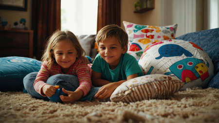Two children playing and relaxing in a pillow fort with their toys.の素材