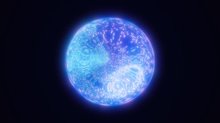 Abstract blue bright glowing background with a sphere core atom energy burning ball circle made of...