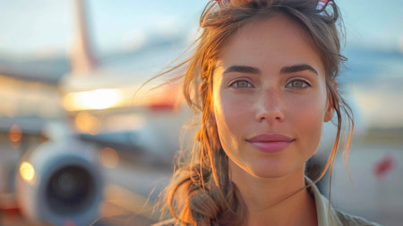 Beautiful business woman in suit standing on the background of an airplane.の素材