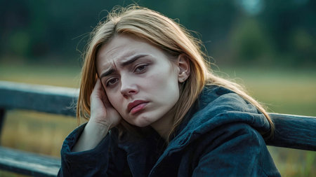 Beautiful sad young woman leans her head on her hand in sadness and sits in depression.の素材